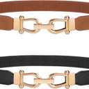 JASGOOD Women Stretchy Waist Belt Retro Elastic Skinny Belt for Ladies with Gold Buckle (S Belt Length 27in,Up to 31in, A-black+brown)