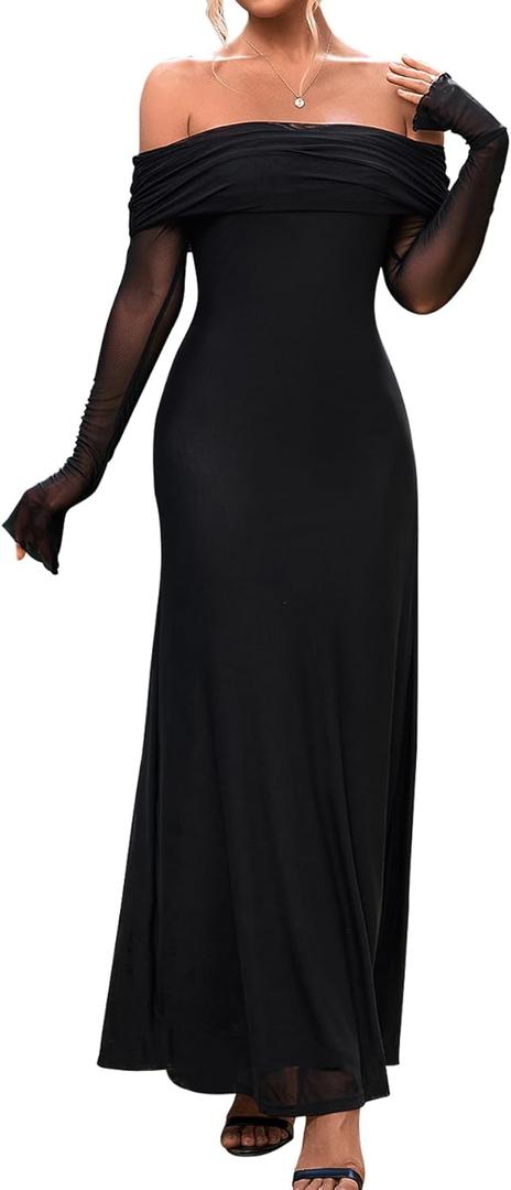 KUTUMAI Women Off Shoulder Bodycon Maxi Dress Long Sleeve Mesh Ruched Party Formal Wedding Guest Dresses (Medium, Black)