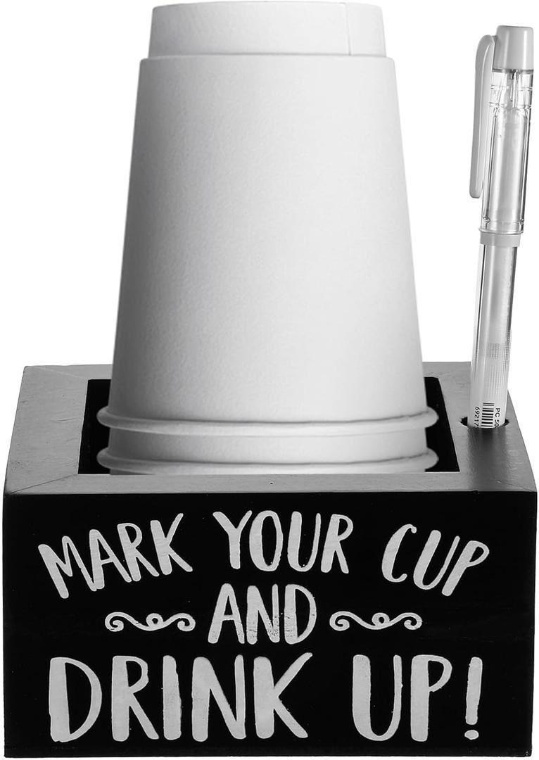 Party Cup Holder with Marker Slot - Wooden Mark Your Cups & Cup Dispenser for Parties, Farmhouse Decor, Home & Bar (Black, 5.7"x5.7"x2.95")