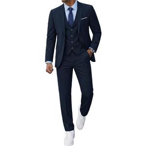 YND Men's Slim Fit 3 Piece Suit, One Button Solid Jacket Vest Pants Set with Tie (Large, Deep Blue)