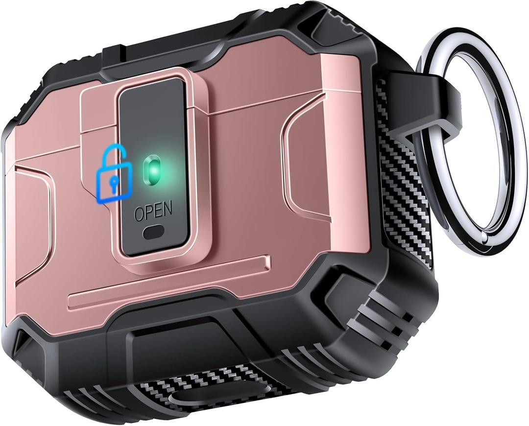 Armoured Heavy Duty for AirPods 3rd Generation Case with Lock & Keychain, 360Heavy Duty Drop Protection, 1-Click Open & Magnetic Lid, AirPods 3rd Gen Hard Cover Case for Outdoor & Travel-Rose Gold