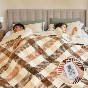 Heated Blanket King Size 100"x90", Dual Control Cozy Sherpa Electric Blankets for Bed with 10 Fast Heating Levels, 12H Auto Off, ETL Certified, Soft Washable Blanket for Home Use, Brown Plaid