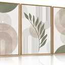 HPINUB Sage Green Framed Canvas Prints Wall Art Set, Abstract Botanical Boho Wall Decor, Minimalist Geometric Line Leaf Canvas Artwork for Living Room, Bedroom, Dining Room, Office, Bathroom - (16"x24"x3)