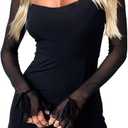 HYPERFIRE Women's Mesh Long Sleeve Square Neck Split Hem Party Club Cocktail Bodycon Mini Dress (Black)