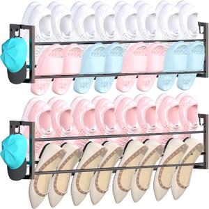 2 Pack Wall Mounted Shoe Rack for Narrow Spaces, Hanging Shoe Rack Holds 16 Pairs, 17"-30"Adjustable Heavy Duty Wall Shoe Storage with 4 Storage Hooks, Space Saving for Closet Entryway Door, Black