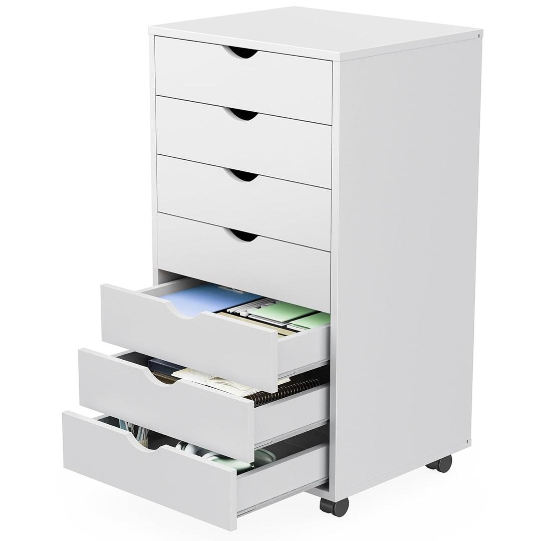 Sweetcrispy 7 Drawer Chest Mobile Storage Cabinets Wooden Dresser with Wheels Room Organization Furniture for Office, Pure White (15.8"D x 18.7"W x 34.3"H (7 Drawers))