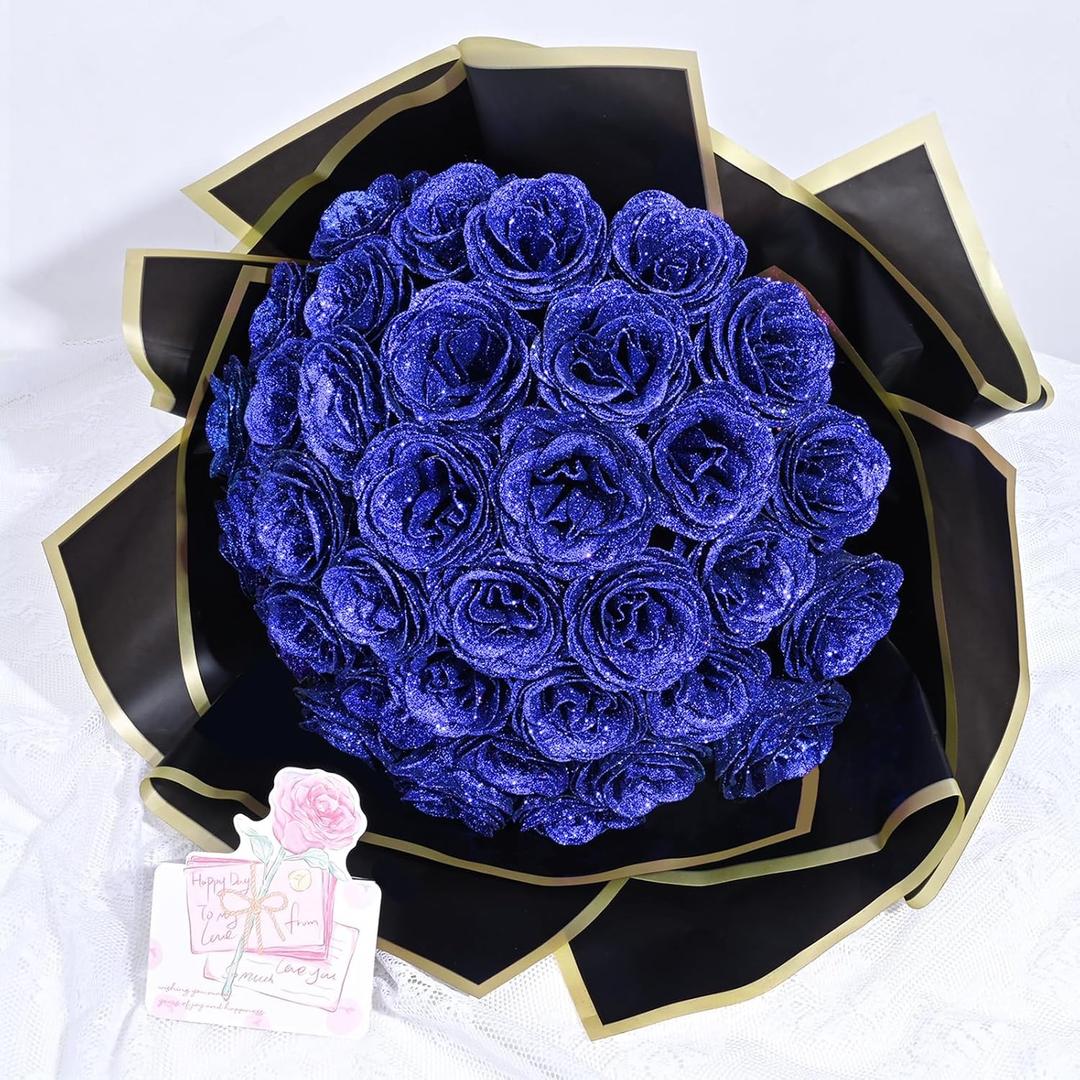 Waipfaru Glitter Roses Bouquet, DIY Fake Flowers Bouquet, Birthday Gifts for Women Mom, 36 Pcs Blue Rose for Grandma Wife Girlfriend Valentines, Mothers Day, Anniversary, Graduation