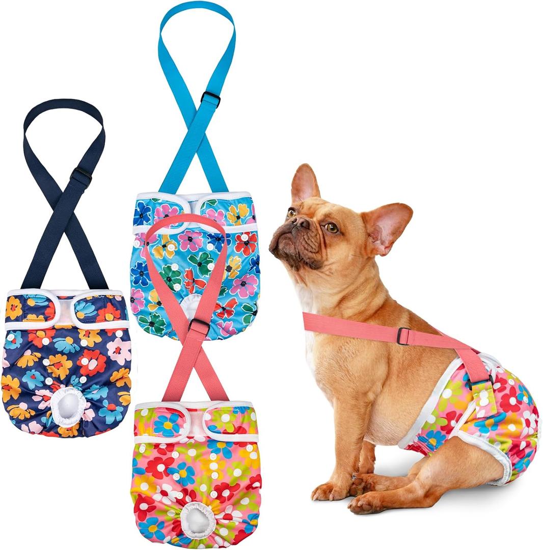 Pet Soft Dog Diapers Female with Suspenders, 3 Pack Reusable Female Dog Diapers for Heat, Dog Period Panties for Doggie in Cycle(Small, Floral) (Small:10''-14'')