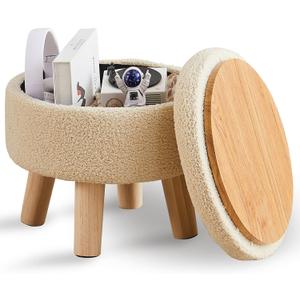 Wimarsbon Storage Ottoman, Modern Round Footrest with Soft Padded Seat, Teddy Velvet Footstool with Wood Legs, Accent Small Table or Plant Stand for Hallway, Living Room (Off-White), 13"D x 13"W x 10.6"H