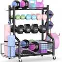 PLKOW Dumbbell Rack, Weight Rack for Dumbbells, Home Gym Storage for Dumbbells Kettlebells Yoga Mat and Balls, All in One Workout Storage with Wheels and Hooks, Powder Coated Finish Steel