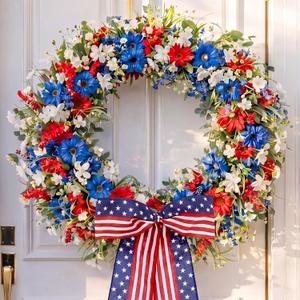 Suncalla Patriotic Wreaths with Bow 4th of July Red White Blue Flowers Outdoor for Front Door Memorial Day 250th Anniversary American Flag Large Bow Wreath for Independence Day Home Decor