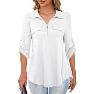 U.Vomade Women's 3/ 4 Sleeve Collared Tops Business Casual Zip Front V Neck Loose Fit Plus Size Tops for Women White 3X