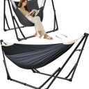 Anyoo 2 in 1 Hammock and Swinging Chair with Collapsible Steel Stand & Carrying Case,Portable & Adjustable,Easy Set Up for Outdoor,Indoor,Porch Swing,Patio,Garden,Camping Trip (Black)