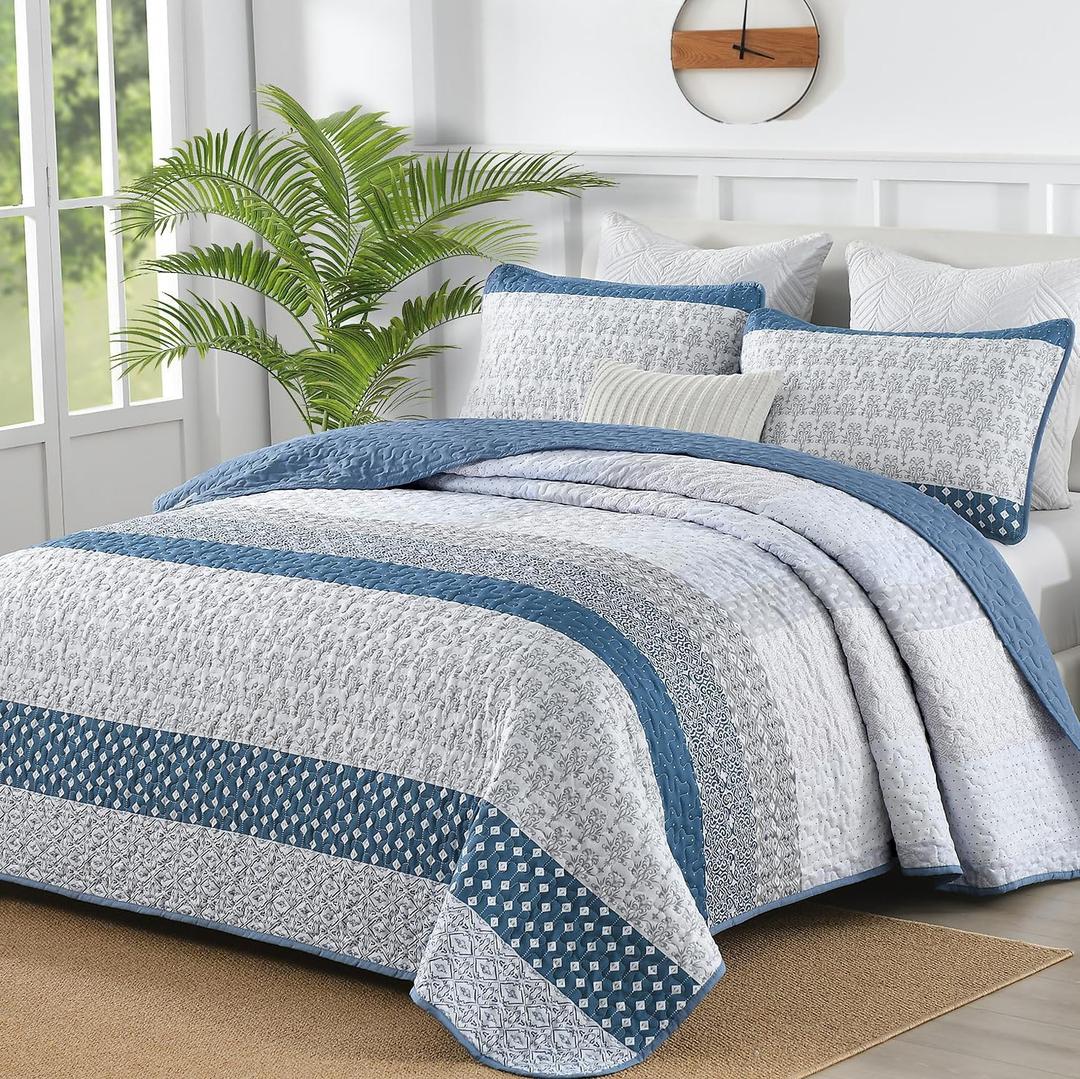 WONGS BEDDING Blue Quilt Queen Size, Bohemian Stripe Quilt Sets 3 Pieces Boho Quilted Bedspread Set Lightweight Microfiber Coverlet Bedding Set All Season (96"x90")