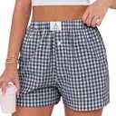 ANRABESS Boxer Shorts for Women Gingham Pajama 2025 Summer Casual Lounge Sleep Plaid Shorts Y2K Beach Bottoms (Small, Navy Blue White Plaid)