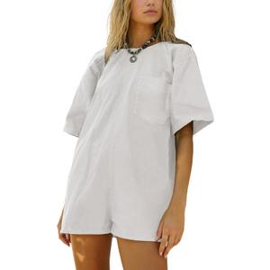 LTSCNRM Tee Rompers for Women Oversized Jumpsuits Overalls One Piece Hot Shot Short Sleeve Back U Neck Pockets Activewear (Small, White)