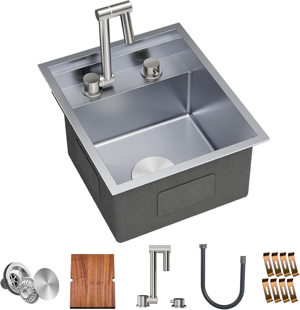 TORVA RV Kitchen Sink, 15 x 18 x 9 Inch Undermount Bar Sink 16 Gauge Stainless Steel Single Bowl Sink with Foldable Faucet Cutting Board, Grey