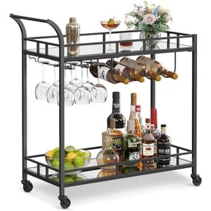 VASAGLE Bar Cart Black, Home Bar Serving Cart, Cart with 2 Mirrored Shelves, Holders, Glass Holders, for Kitchen, Dining Room, Black ULRC090B62
