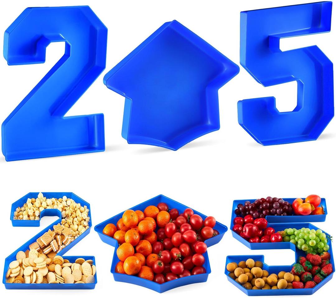 Tellingyou 3 Pcs 13.7" Graduation Fillable Letter, Plastic Number Trays for Food 2025, 2025 Charcuterie Number, Grad Fillable Letter for Class of 2025 Congrats Grad Party Supplies (Blue)