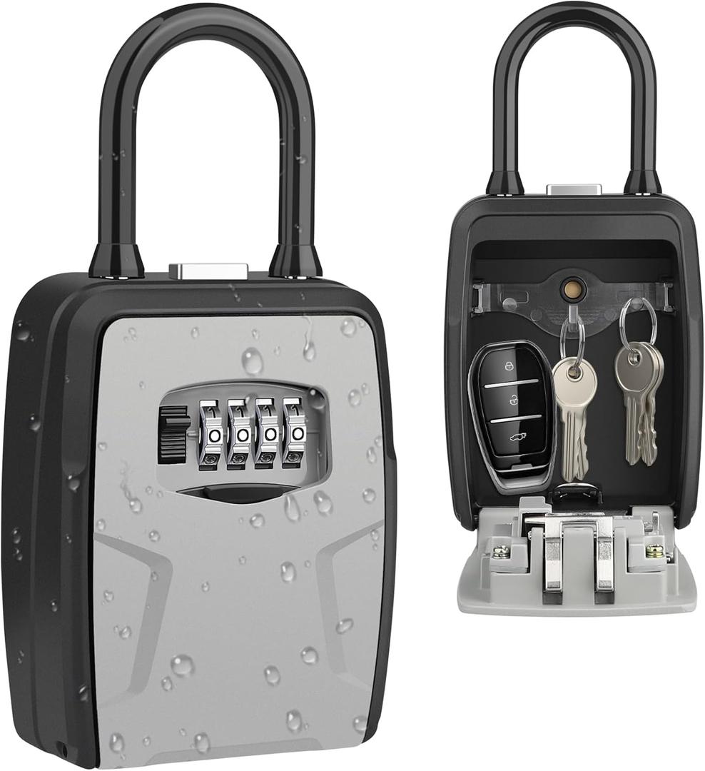 Key Lock Box Outdoor with Code, Large Key Lockbox for Keys Outside Portable Lock box for Keys, 4 Digit Combination Key Safe Storage, Waterproof Keybox for Outdoor Home Garage Office(Grey) (Door Handle Hung + Wall Mounted)