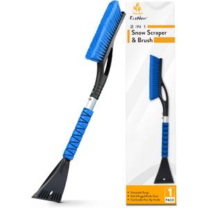 EcoNour 27" Aluminum Car Snow Scraper and Brush | Weaved Bristle Head with Metal Body Ice Scraper for Car Windshield | Tough Show Shovel with Ergonomic Foam Grip Winter Accessory (Blue)