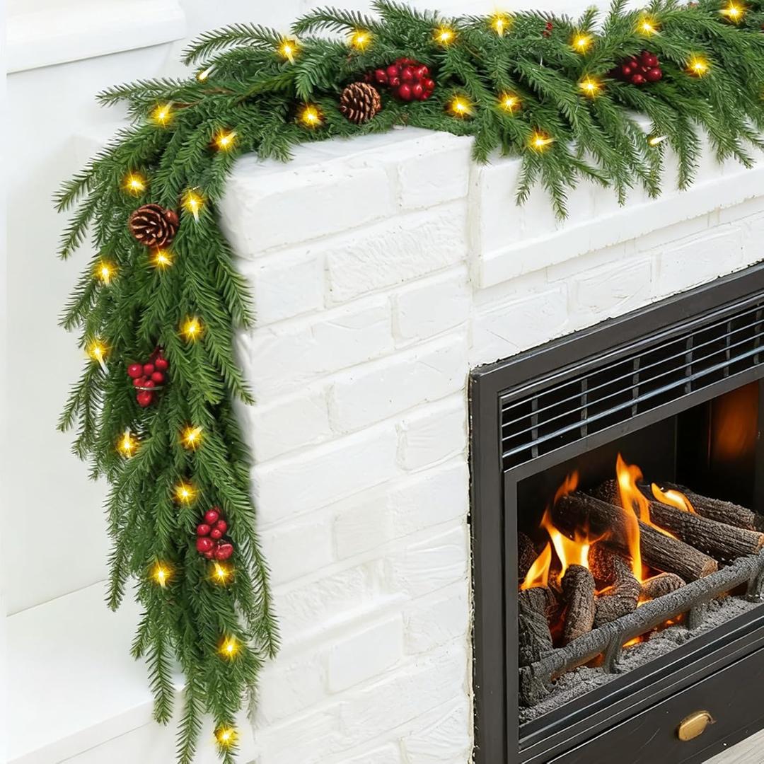 6ft Norfolk Pine Christmas Garland,Thick-Lush Faux Cedar Greenery (118 Full Branches) with LED Lights(40 Pieces), Pinecones & Red Berries for Fireplace Mantels, Tables, Walls | Indoor & Outdoor Decor
