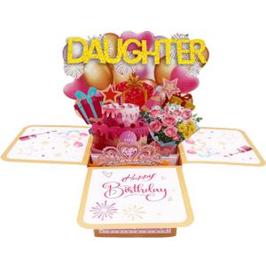Birthday Card for Daughter, 3D Pop Up Pink Exploding Box with Cake, Flowers & Pull-Tab Note, Unique Handmade Gift for Teenage Girls, Kids (With Envelope)