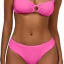 Mid Waisted Bikinik Sets for Women Brazilian High Cut Triangle Thong Swimsuit Sexy Scoop Neck O Ring Ruched Push Up 2 Piece Light Pink Swimwear(Pink, S)
