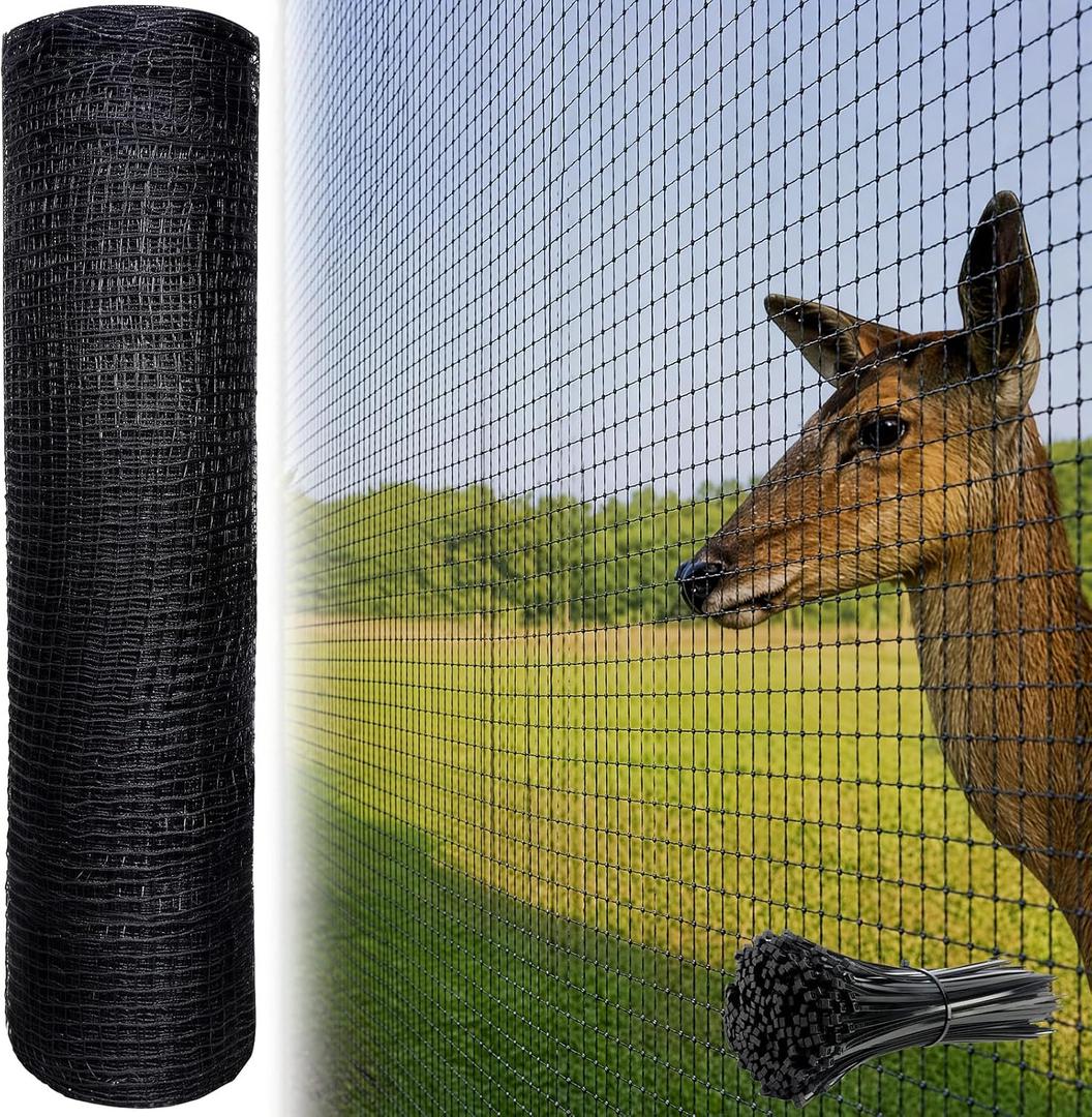 7x100ft Deer Fence Netting Animal Fence Barrier with 100 Zip Ties, Plastic Heavy Duty Mesh Fence Barrier Garden Protection Fencing for Snow, Poultry, Yard and Construction (Black, 7ftx100ft)