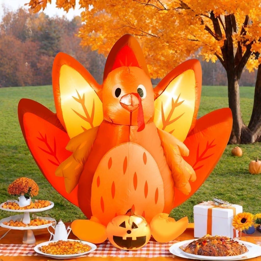 8 FT Christmas Inflatables Santa Claus in Sleigh with Two Reindeer Outdoor Decorations Blow Up Yard Santa Claus with Built-in LEDs (5FT Thanksgiving Inflatable Turkey)