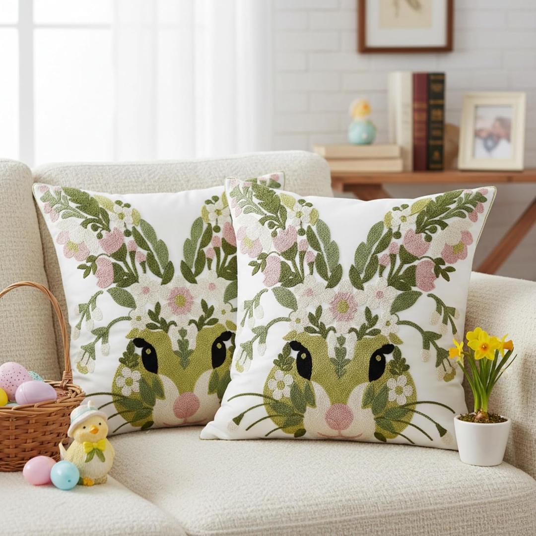 2Pcs Easter Bunny Throw Pillow Covers 18"x 18" Floral Bunny Embroidered Pillow Covers with Zipper Spring Rabbit Decorative Cushion Cases for Couch Bed Sofa Living Room Bedroom Decor Gift