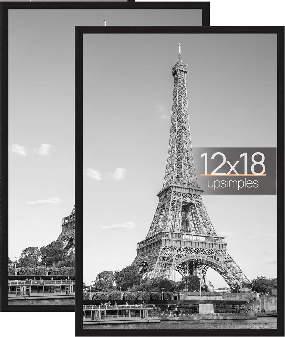upsimples 12x18 Picture Frame Black 2 Pack, Scratch-Proof Poster Frames 12 x 18 for Photo Gallery - Slide-In Strips, Horizontal or Vertical Wall Mounting