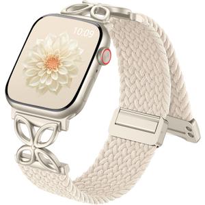 SNBLK Braided Magnetic Band Compatible with Apple Watch Bands for Women 40mm 41mm 42mm 44mm 45mm 46mm 49mm 38mm, Dressy Floral Stretchy Nylon Strap for iWatch SE Series 11 10 9 8 7 6 5 4 Ultra 3 2 1