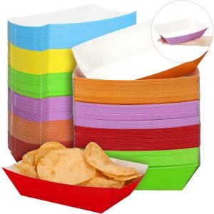 Panelee 120 Pcs Colorful 3lb Nacho Boats Trays Disposable Paper Food Trays Paper Boats Plates Containers Disposable Serving Basket for Nachos Hot Dog Snack Sandwich Burger BBQ Dessert Popcorn Taco