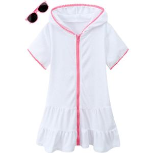 Girls Swim Cover Up Terry Swimsuit Coverup Kids Zip-Up Beach Pool Bathing Suit Wraps with Sunglasses (White, M)