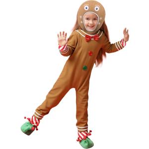 Gingerbread Man Costume for Kids Christmas Home Clothing Gingerbread Outfit Winter Bodysuit Hooded (5-6 Years)