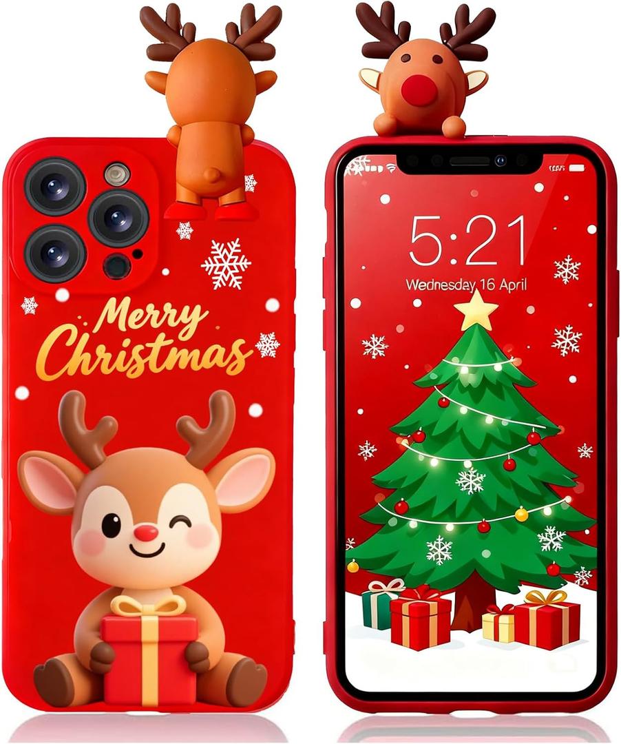 2 x Christmas Case for iPhone 16 Pro Max, Silicone Red Cover with Lovely 3D Deer Doll Patterns Design Shockproof Soft Bumper Cartoon Cute TPU Xmas Present Skin for iPhone 16 Pro Max 6.9", Elk