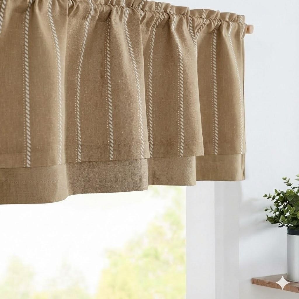 jinchan Nautical Valance Striped Linen Curtain 18 Inch Farmhouse Room Darkening Double Layer Valance for Kitchen Living Room Bathroom Windows Blackout Pinstripe Window Treatment 1 Panel Beige