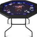 Foldable Poker Table with LED Lights, Octagon Casino Leisure Texas Holdem Table for 8 Player, Folding Blackjack Table w/Built-in LED Light, Padded Rails & Cup Holders for Home Game Room