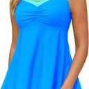 HUSKARY Tankini Swimsuits for Women Tummy Control Two Piece Bathing Suit Flowy Swim Tank Top with Boyshorts (24 Plus, Blue Colorblock)