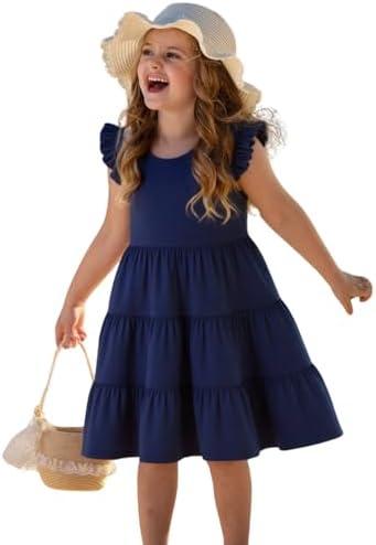 HILEELANG Little Girls Short Sleeve Dresses Easter Summer Cotton Casual Skater Swing Twirly Sundress