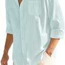 COOFANDY Men's Casual Cotton Linen Button Down Shirts Band Collar Long Sleeve Shirt Beach Summer Shirt with Pocket M