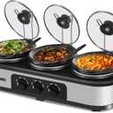 Triple Slow Cooker, 3 * 1.5 Quarts Buffet Servers and Warmers, 3 Pots Buffet Slow Cooker Adjustable Temp Lid Rests Stainless Steel Manual Silver for Parties Holidays Families