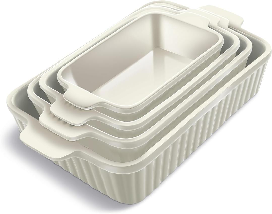 COOK WITH COLOR Casserole Dishes for Oven, Porcelain Baking Dishes, Ceramic Bakeware Sets of 4, Rectangular Pans Handles for Baking Cake Kitchen (Cream)