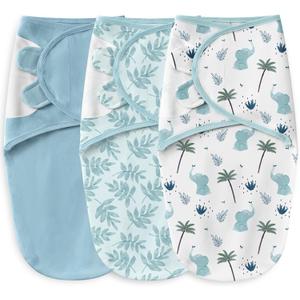 Unnivoll Baby Swaddles for Newborns 100% Cotton Newborn Swaddle Sack 3 Pack Baby Swaddles 0-3 Months Swaddle Sleep Sack for Newborn Baby Boy Girl Blue Leaves & Elephant