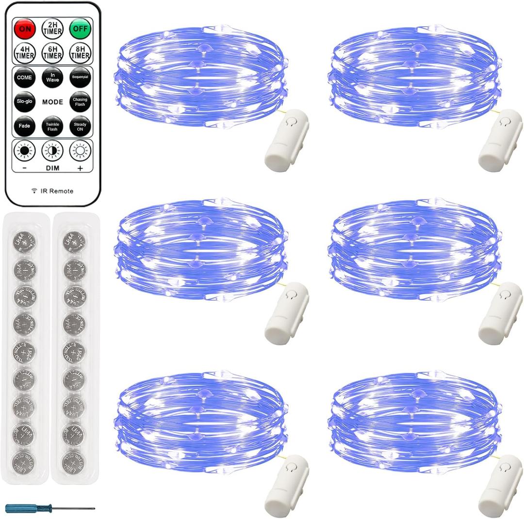 6 Pack Fairy Lights Battery Operated with Remote, 8 Modes & 4 Timers, 7ft 20 LED Mini String Twinkle Lights, Blue Waterproof Firefly Lights for Mason Jars Wedding Party Table Decor(Blue)