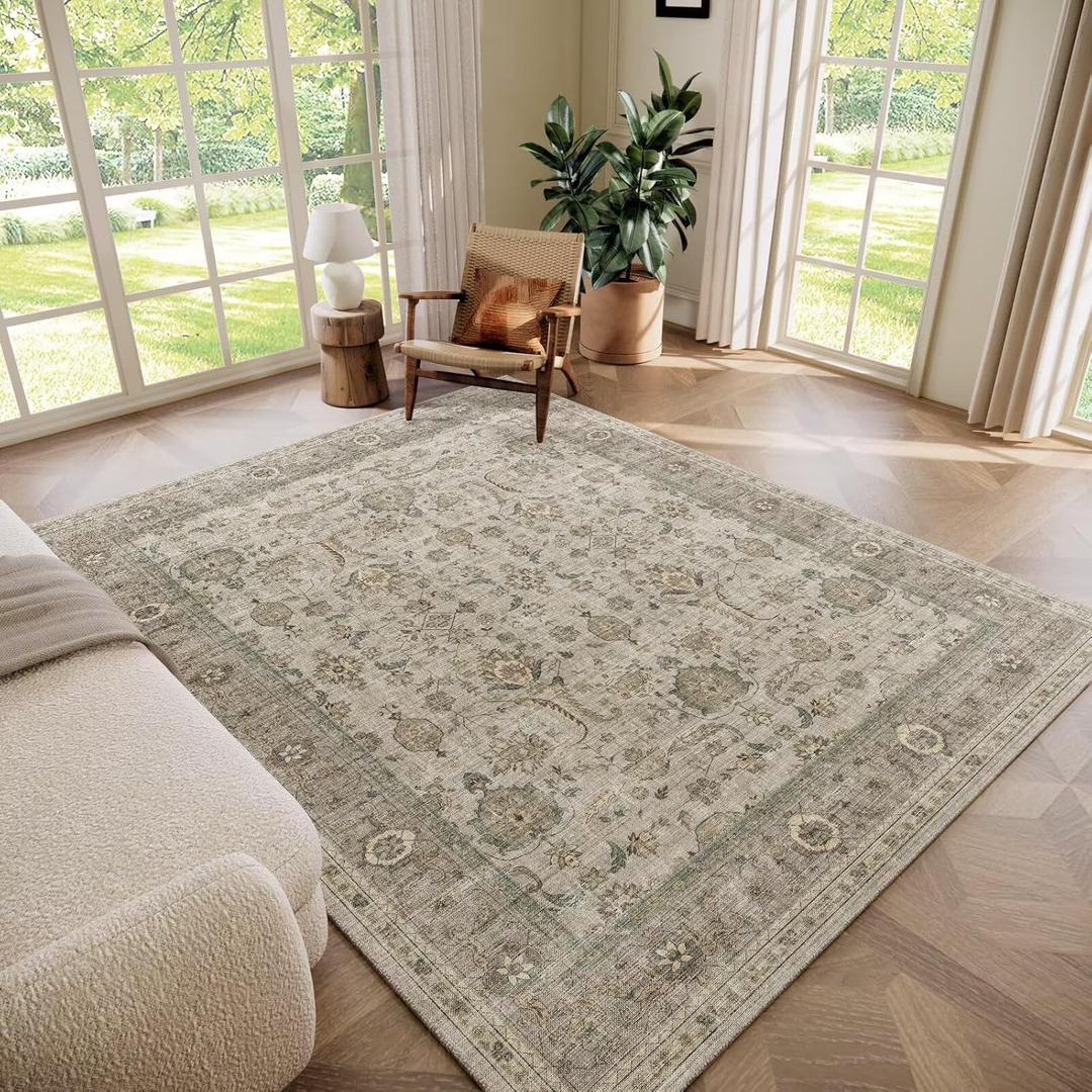 Washable 6x9 Area Rugs for Living Room, Boho Non-Slip Vintage Distress Large Rugs for Bedroom Dining Room Nursery Office, 0.3" Neutral Oriental Throw Thin Carpet, Flaxen/Brown/Multi