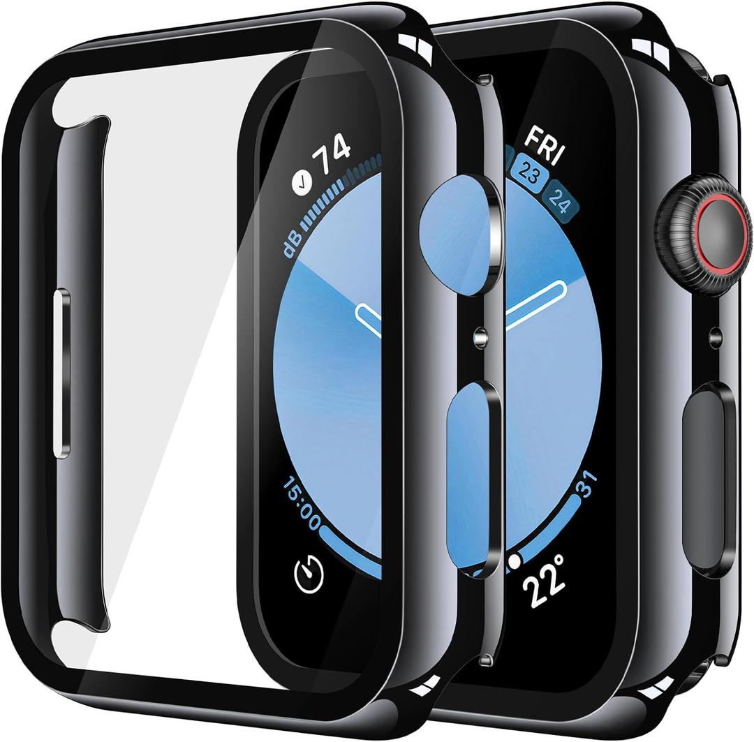 Misxi 2 Pack Tempered Glass Case Compatible for Apple Watch SE 3 (2025) SE 2 SE Series 6 Series 5 Series 4 44mm, Hard PC Screen Protector Overall Protection Cover for iWatch, Jet Black