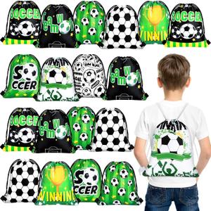 Woanger 24 Pcs Soccer Gift Bags 9.8 x 11.8 Inch Soccer Drawstring Party Favor Bag Fabric Goodie Candy Treat Snack Bags for Team Sport Ball Theme Birthday Party Supplies