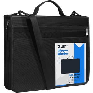 KTRIO Zipper Binder, Zippered Binder Bag with Handle and Shoulder Strap, Binder with 12 tabs, 2.5" 3 D Ring Zip Up Binder, Multi Pocket Organizer Binder, 300 Sheet Capacity, Black